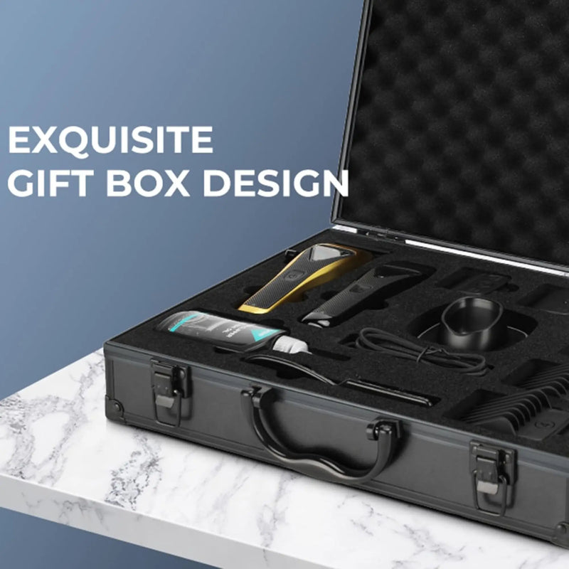 Black gift box with grooming tools on a marble surface and blue background
