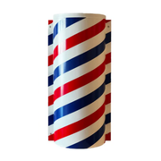 Barber pole with red, white, and blue stripes on a white background