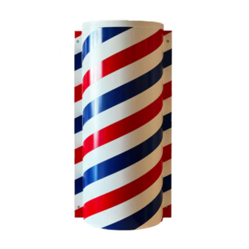Barber pole with red, white, and blue stripes on a white background