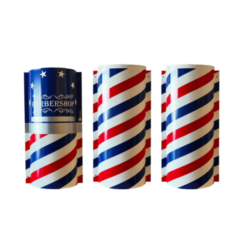 Three cylindrical barber shop themed products with red, white, and blue stripes on a white background.