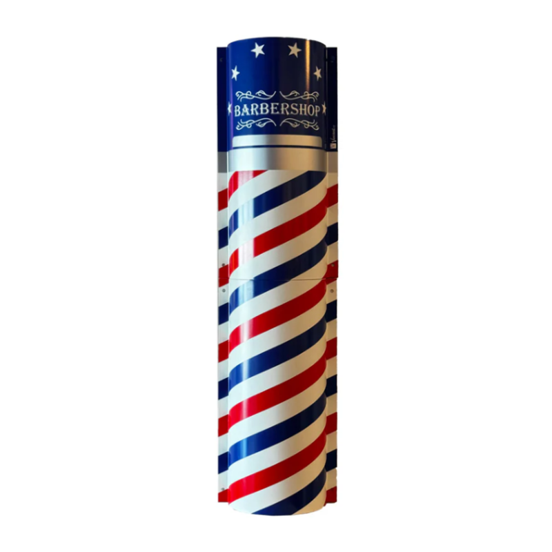 Barber pole with red, white, and blue stripes on a white background