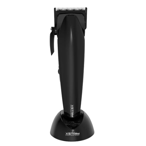 Black XStrim professional cordless hair trimmer with a matching charging stand, shown on a solid white background.