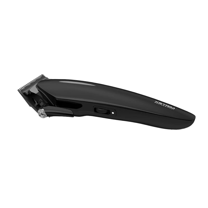 A black cordless hair clipper with a black cutting blade, shown horizontally against a plain white background. The brand name XSTRIM is printed vertically on the handle.