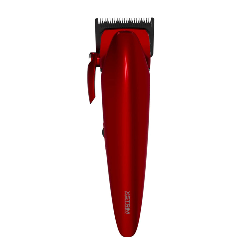 A red cordless hair clipper with a black cutting blade, shown vertically against a plain white background. The brand name 'XSTRIM' is printed vertically on the handle.