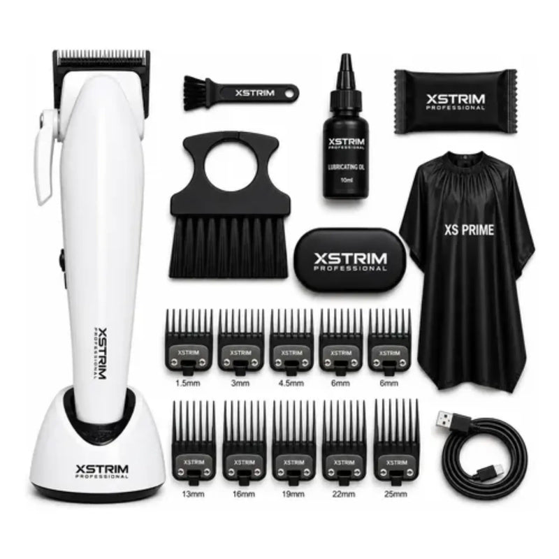 XStrim professional hair clipper kit with a white clipper on a charging base, multiple black guide combs, a black cleaning brush, a small bottle of lubricant, a black pouch, a black cape, and a USB cable, all arranged on a white background.
