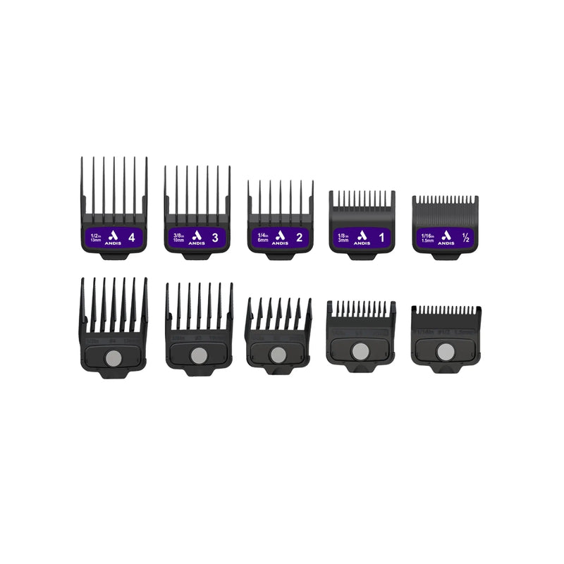 Andis AMP'D Magnetic Comb Set 564994 with five purple-labeled attachment combs