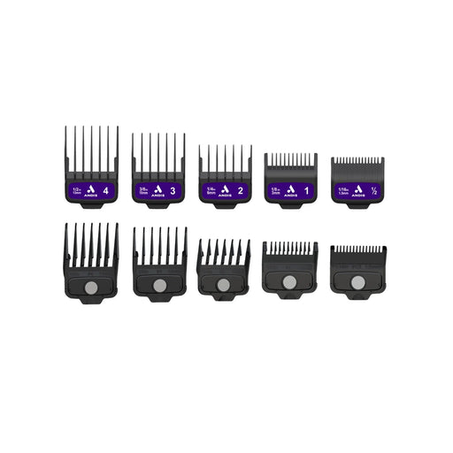 Andis AMP'D Magnetic Comb Set 564994 with five purple-labeled attachment combs