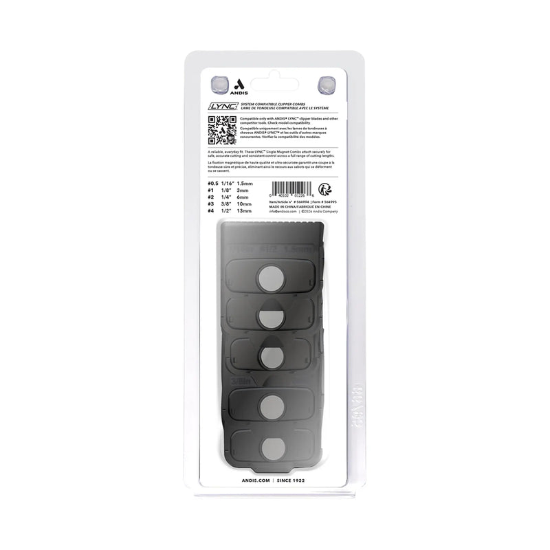 Back packaging of Andis AMP'D magnetic comb set showing sizes and compatibility