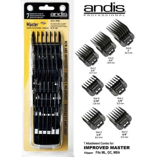 Andis Professional hair clipper attachments with packaging on a white background
