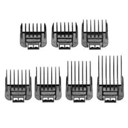 Six black plastic grooming guide combs arranged in two rows on a plain white background.