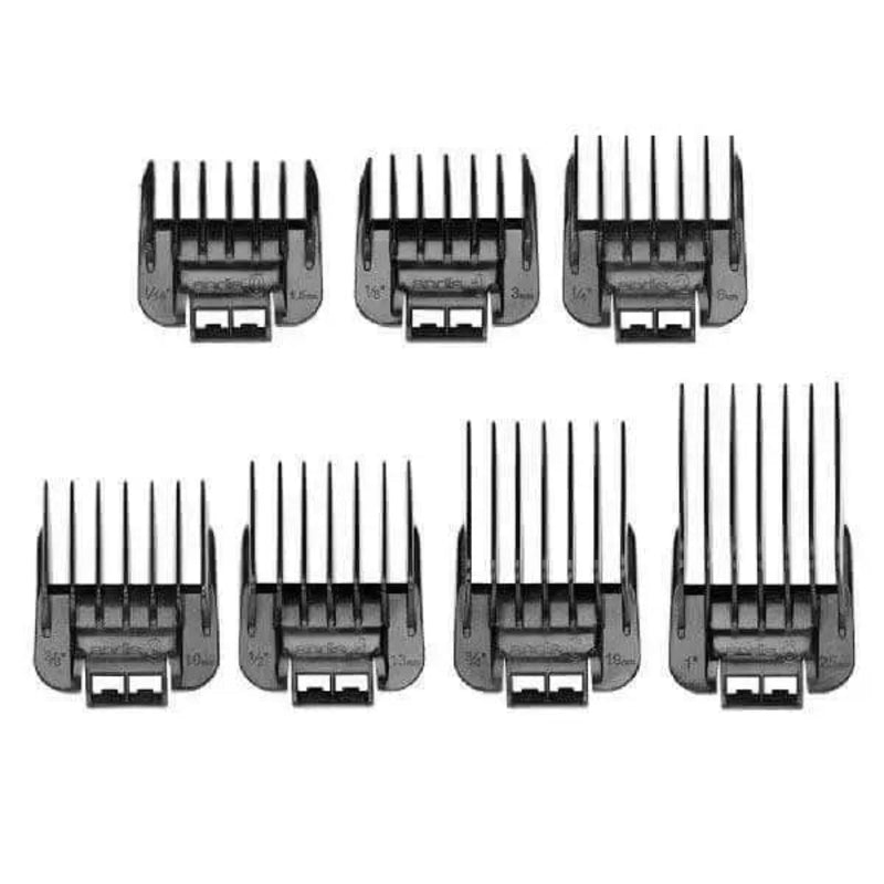 Six black plastic grooming guide combs arranged in two rows on a plain white background.
