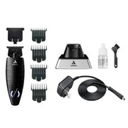 A black ANDIS cordless hair clipper set with six guide combs, a charging stand, a power adapter, a small cleaning bottle, and a brush on a plain white background.