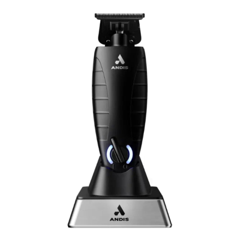 Black ANDIS cordless clipper with a silver charging base, shown on a plain white background.