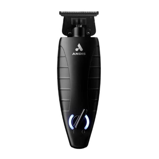 A black handheld electric trimmer with the brand name ANDIS printed in white on the front, featuring a blue illuminated power button on a clean white background.
