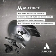 M-Force blade components shown in an exploded view on a dark textured background, with text describing product benefits and ANDIS branding.