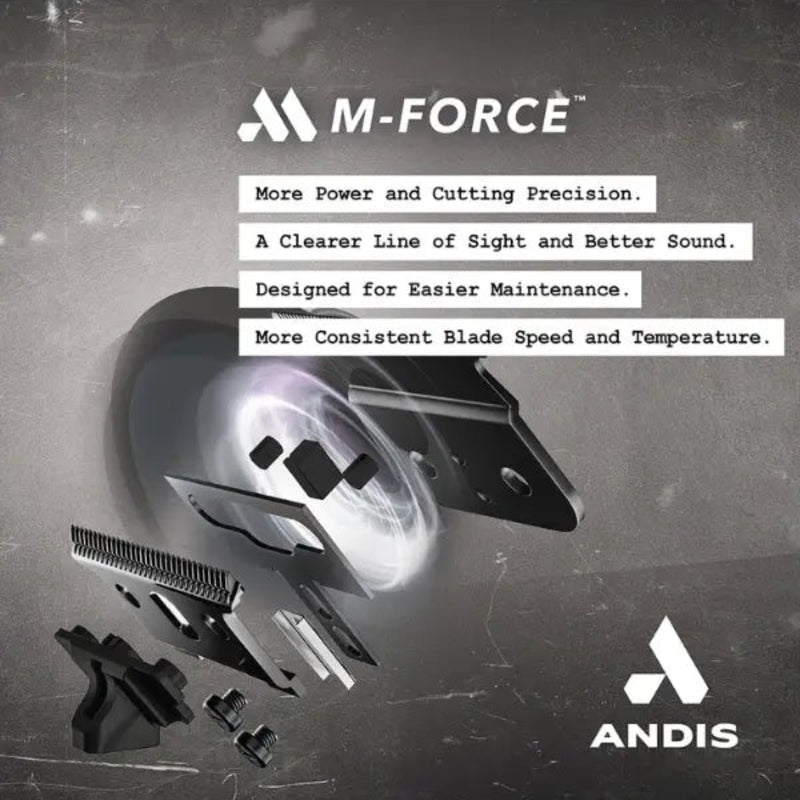 M-Force blade components shown in an exploded view on a dark textured background, with text describing product benefits and ANDIS branding.