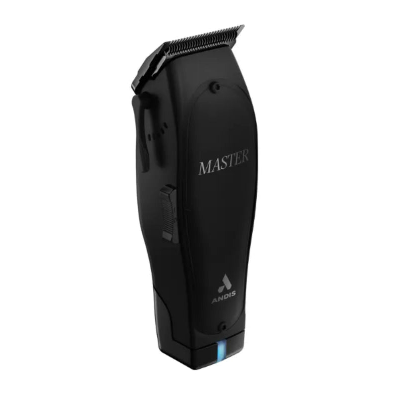 Black cordless hair clippers with 'MASTER' and 'ANDIS' branding, shown from a three-quarters angle on a white background.