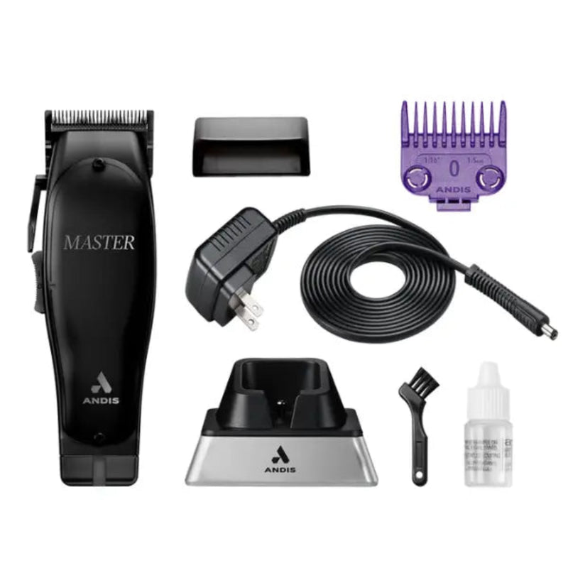 Andis Master cordless hair clipper kit with black clipper, purple guide comb, charging base, power cord, cleaning brush, and small bottle on a white background.