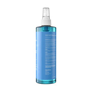 A tall, translucent blue spray bottle with a white spray nozzle and a white label, shown from the back against a plain white background.