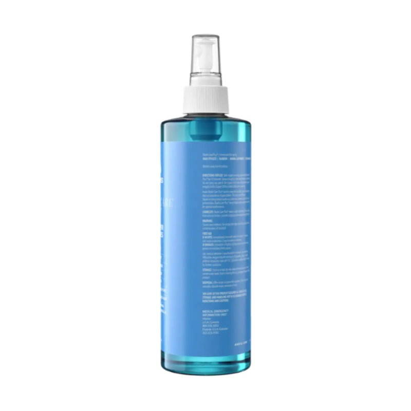 A tall, translucent blue spray bottle with a white spray nozzle and a white label, shown from the back against a plain white background.