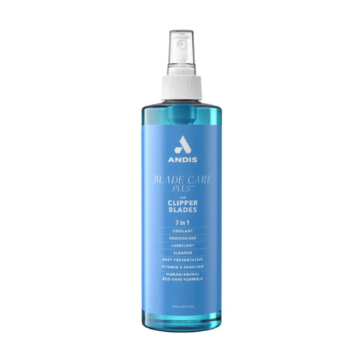 A bottle of ANDIS Blade Care Plus Clipper Blades 7 in 1 formula, featuring a translucent blue bottle and white spray nozzle, on a solid white background.