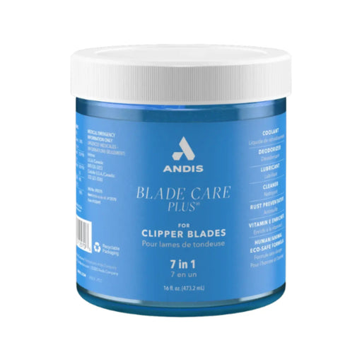 Andis Blade Care Plus clipper blade, 16 oz, featuring a blue label and white cap on a white background.