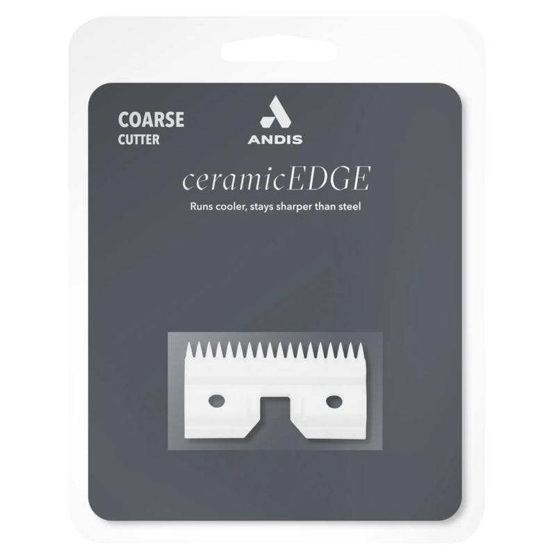 Andis ceramicEDGE coarse cutter blade in its original retail blister packaging, featuring a white ceramic blade on a dark gray card with the Andis logo.