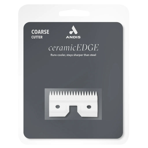 Andis ceramicEDGE coarse cutter blade in its original retail blister packaging, featuring a white ceramic blade on a dark gray card with the Andis logo.