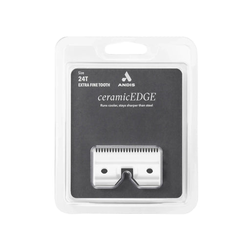 Andis ceramicEDGE 24T extra fine tooth clipper blade in its original blister packaging, showing the silver metal blade and black card insert.