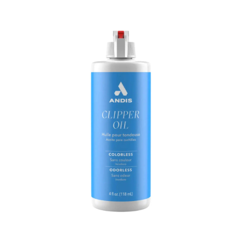 A bottle of ANDIS Clipper Oil colorless and odorless hair clipper oil, featuring a bright blue label and a white spray nozzle, shown on a plain white background.