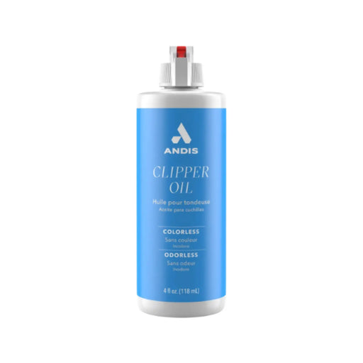 A bottle of ANDIS Clipper Oil colorless and odorless hair clipper oil, featuring a bright blue label and a white spray nozzle, shown on a plain white background.