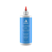 Andis Clipper Oil colorless hair clipper oil in a 4 fl oz white squeeze bottle with a blue label and a red nozzle tip, shown on a white background.