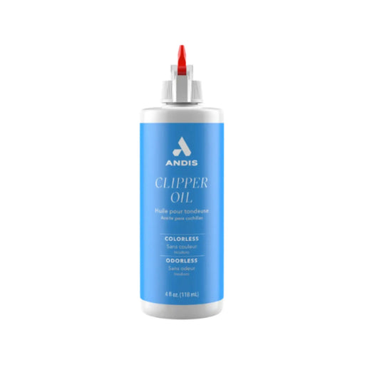 Andis Clipper Oil colorless hair clipper oil in a 4 fl oz white squeeze bottle with a blue label and a red nozzle tip, shown on a white background.