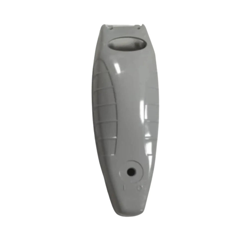 A gray plastic replacement handle or cover with a glossy finish, featuring a textured grip pattern and a small circular hole near the bottom, shown against a plain white background.