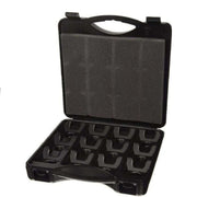 An open black hard carrying case with a foam insert lid and molded foam compartments in the base, shown on a plain white background.