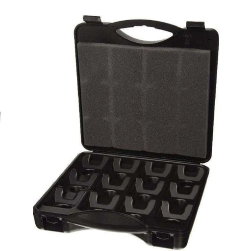 An open black hard carrying case with a foam insert lid and molded foam compartments in the base, shown on a plain white background.