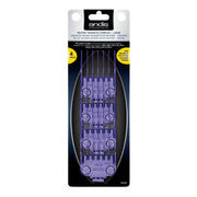 Four purple plastic comb guards for a cordless hedge trimmer, arranged in a 2x2 grid on a white background. Each guard is marked with its size (NO.