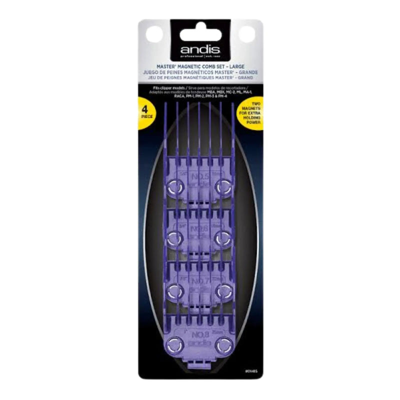 Four purple plastic comb guards for a cordless hedge trimmer, arranged in a 2x2 grid on a white background. Each guard is marked with its size (NO.
