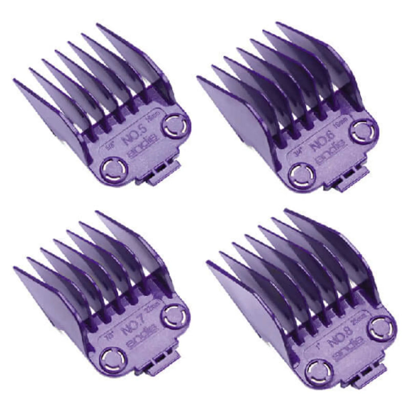 Four purple plastic comb guards for a cordless hedge trimmer, arranged in a 2x2 grid on a white background. Each guard is marked with its size (NO.