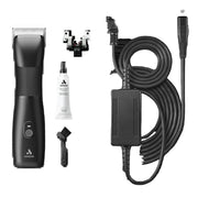 Black ANDIS electric clipper kit with a cord, power adapter, charging cable, small accessory piece, and a tube of lubricant on a white background.