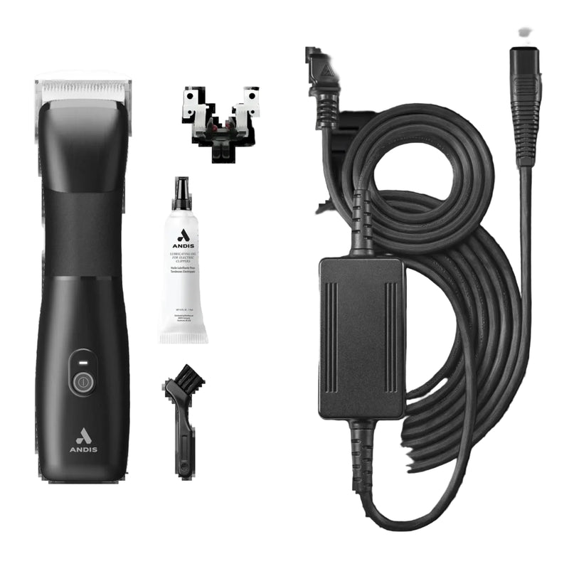 Black ANDIS electric clipper kit with a cord, power adapter, charging cable, small accessory piece, and a tube of lubricant on a white background.