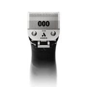 Andis clipper head with .5 mm blade, featuring a silver metal cutting plate with '000' and '5 mm' markings, and a black handle, shown on a white background with a soft reflection.