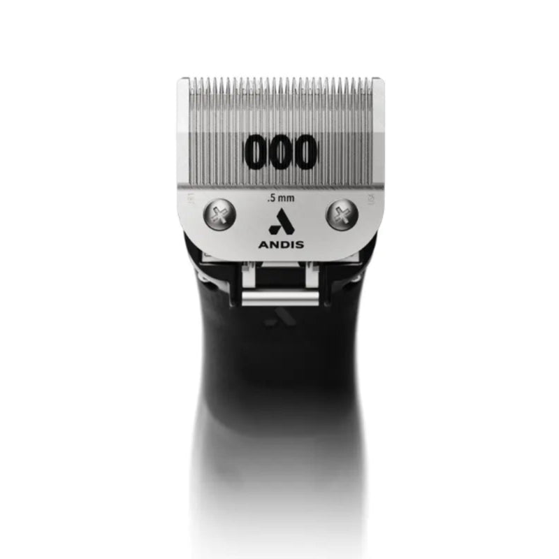 Andis clipper head with .5 mm blade, featuring a silver metal cutting plate with '000' and '5 mm' markings, and a black handle, shown on a white background with a soft reflection.