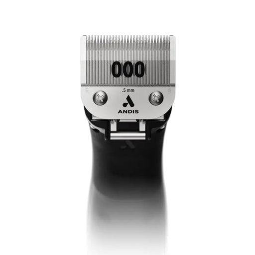 Andis clipper head with .5 mm blade, featuring a silver metal cutting plate with '000' and '5 mm' markings, and a black handle, shown on a white background with a soft reflection.