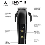 ANDIS Envy II Clipper shown on a white background with multiple callout labels pointing to features such as adjustable steel blade, laser arm, travel lock, cordless design, and lithium-ion battery.