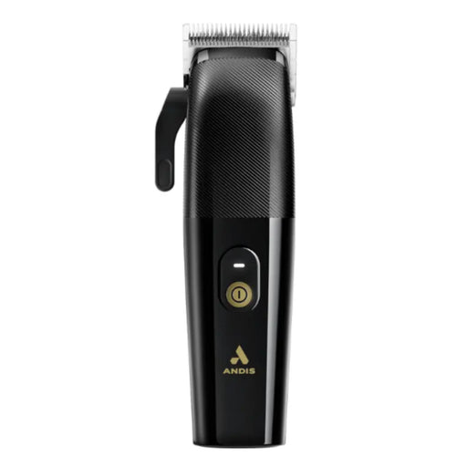 A black cordless hair clipper with a textured grip, a gold power button, and a gold ANDIS logo on the front, shown against a plain white background.