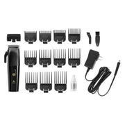 Black cordless hair clipper set with multiple guide combs, a cleaning bottle, and a power adapter on a white background.
