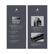 A dark gray product information card showing a cordless hair clipper from multiple angles with feature callouts and text. The left panel shows a front view of the clipper with bullet points about a precise blade, attachment comes, lightweight balance, and long-lasting battery.