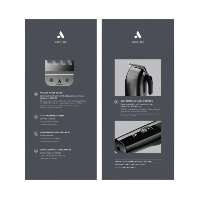 A dark gray product information card showing a cordless hair clipper from multiple angles with feature callouts and text. The left panel shows a front view of the clipper with bullet points about a precise blade, attachment comes, lightweight balance, and long-lasting battery.