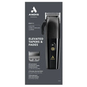 Andis Envy II cordless clipper shown on its retail packaging card. The clipper is black with a textured grip, a gold power button, and a gold Andis logo, set against a dark gray background with white text detailing its features.